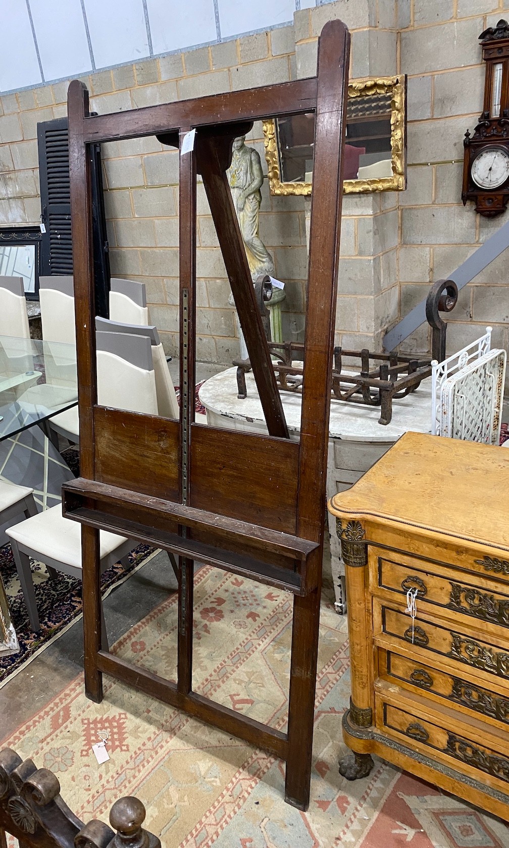 An early 19th century mahogany artist's easel, width 84cm, height 188cm